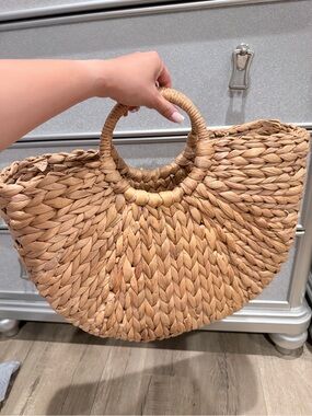 Woven Straw Half-Moon Tote Bag in Natural